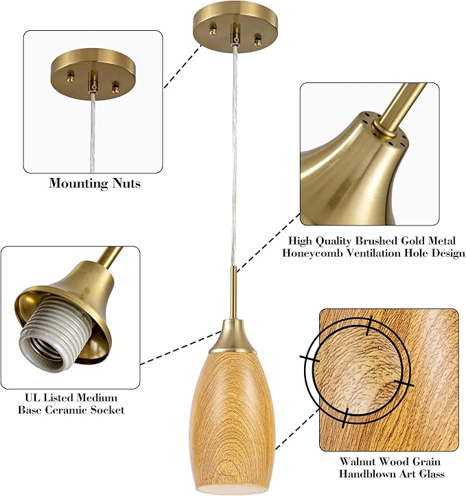 Mini Glass Pendant Light 4.72" Walnut Wood Grain Pendant Lights 1-Pack Handblown Art Oval Glass Hanging Pendant Light for Kitchen Island Dining Room Living Foyer Hallway Entry Brushed Gold