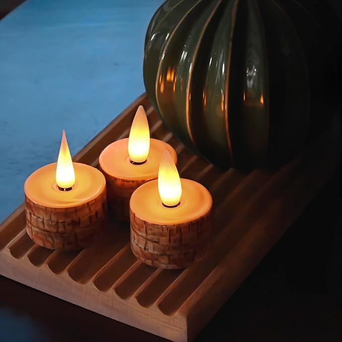 Rechargeable Flameless Candle with Remote Timer, 3D Moving Flame Real Wax Led Candles (Includes Remote Control, Charging Base, and USB Cable) (Rech-6Tealight-Palm Bark, 1.4in)
