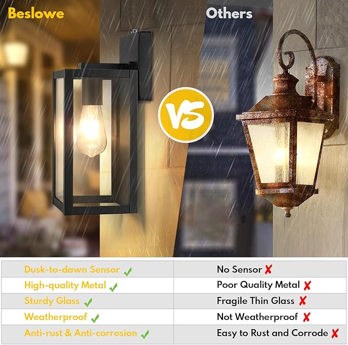 BesLowe 2-Pack Dusk to Dawn Outdoor Wall Lanterns Lights, Matte Black Waterproof Exterior Sconces with Clear Glass, Anti-Rust Outdoor Light Fixtures Outside Lights for House, Porch, Garage, Doorway