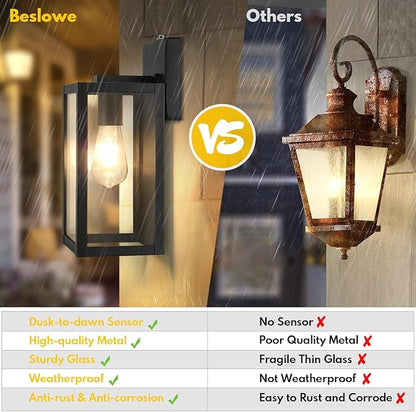 BesLowe 2-Pack Dusk to Dawn Outdoor Wall Lanterns Lights, Matte Black Waterproof Exterior Sconces with Clear Glass, Anti-Rust Outdoor Light Fixtures Outside Lights for House, Porch, Garage, Doorway