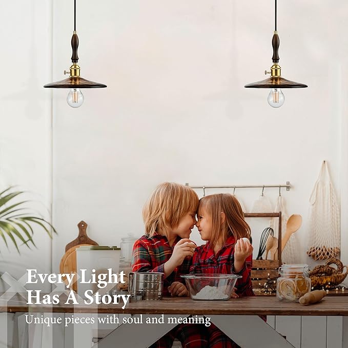 Modern Amber Glass Pendant Light, 9"x7.3" Wide Disc-Shaped Hanging Fixture with Wood & Brass Detail, 15"-72" Adjustable Line, E26 Socket – Golden Amber Disc