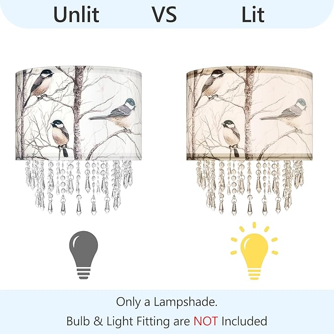 Winter Bird Tree Lamp Shade with Acrylic Bead Droplets, Blue Jay Fabric Light Shade for Pendant Table & Floor Lamp, Nature Gift for Bird lover or Garden Women, 11.8in