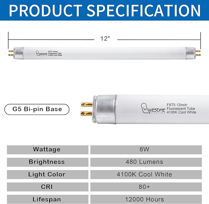 8 Pack 12 Inch F8T5/CW Fluorescent Light Bulb, 4100K Cool White, T5 8 Watts Fluorescent Replacement Bulb for Counter and Cabinet Fixture, G5 Base