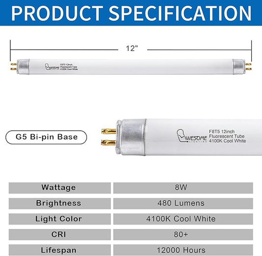 8 Pack 12 Inch F8T5/CW Fluorescent Light Bulb, 4100K Cool White, T5 8 Watts Fluorescent Replacement Bulb for Counter and Cabinet Fixture, G5 Base