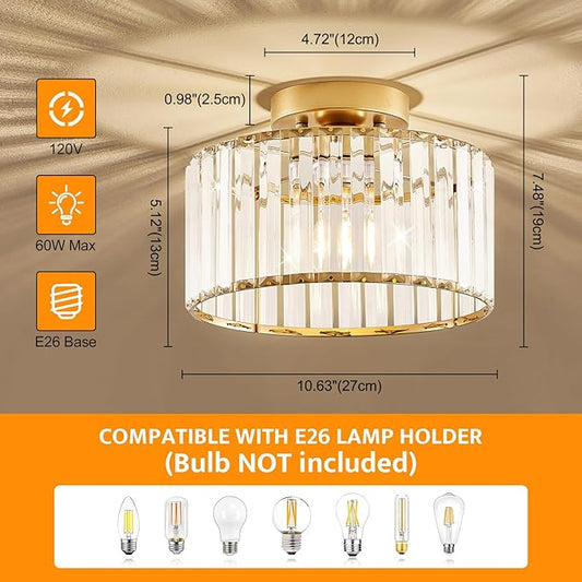 Crystal Gold Semi Flush Mount Ceiling Light Modern Hallway Light Fixture Metal Close to Ceiling Lamp for Kitchen Living Room Bathroom Entryway Bedroom(10.63 inch)