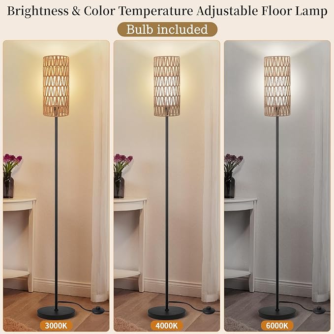 Floor Lamp for Living Room,Farmhouse Floor lamp,Modern Standing lamp with Hand-Worked Rattan Shade (Double Shade-with Remote)