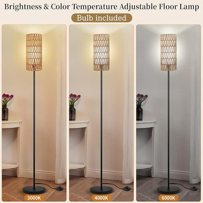 Floor Lamp for Living Room,Farmhouse Floor lamp,Modern Standing lamp with Hand-Worked Rattan Shade (Double Shade-with Remote)