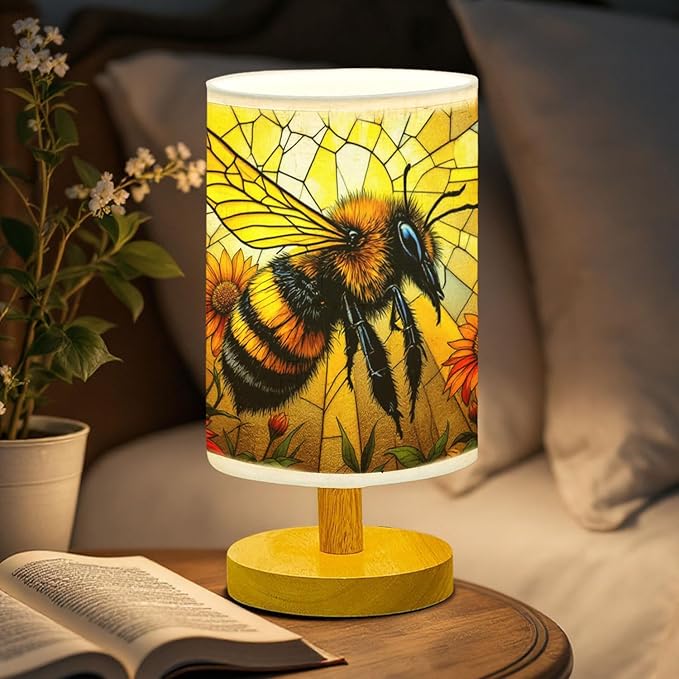 Bee Table Lamp LED 3-Color Pressed Bedside, Bee Shade Lamp with Wood Base for Bedroom Living Room Desk Office TL01