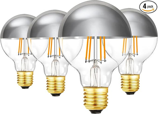 Dimmable Half Chrome Light Bulb, 6W (60W Eqv.), Anti Glare LED Light Bulbs, E26 Silver Dipped Bulb,3000K Soft White G25 Globe Light Bulbs for Bathroom, Vanity, Mirror,4Pcs.