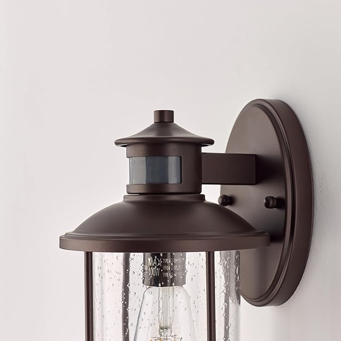 MICSIU 11.5 Inch Motion Sensor Exterior Wall Light Fixture, Dusk to Dawn Outdoor Wall Sconce with Clear Seedy Glass, Oil Rubbed Bronze Outside Light for House, Front Porch, Garage, Walkway