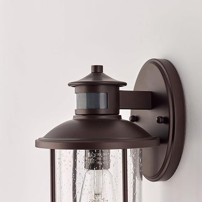 MICSIU 11.5 Inch Motion Sensor Exterior Wall Light Fixture, Dusk to Dawn Outdoor Wall Sconce with Clear Seedy Glass, Oil Rubbed Bronze Outside Light for House, Front Porch, Garage, Walkway