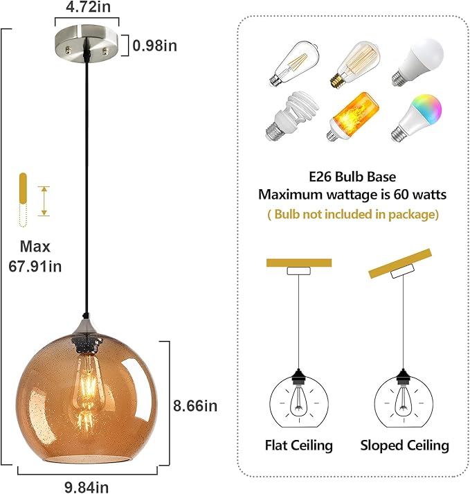 Amber Glass Pendant Lights Kitchen Island Globe Pendant Light Fixtures Modern Pendant Lighting for Bedroom Living Dining Room Light Fixture (9.84 in, 2 Pack)