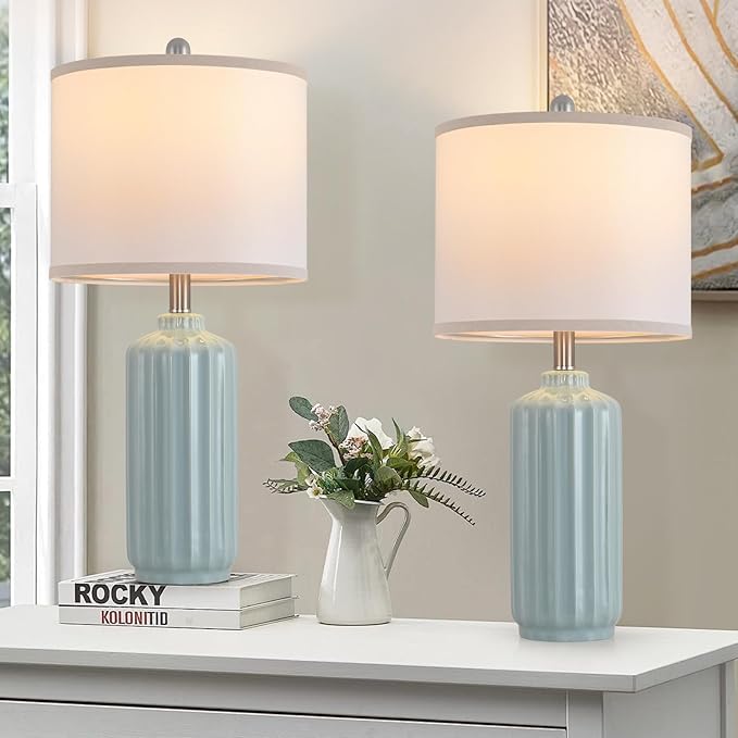 Lamp for Living Room Bedroom Lamps Farmhouse Table Lamps Set of 2 Vertical Stripe Ceramic Table Lamp,Linen Shade with Bulb, 25 in High,Light Blue