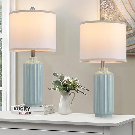 Lamp for Living Room Bedroom Lamps Farmhouse Table Lamps Set of 2 Vertical Stripe Ceramic Table Lamp,Linen Shade with Bulb, 25 in High,Light Blue
