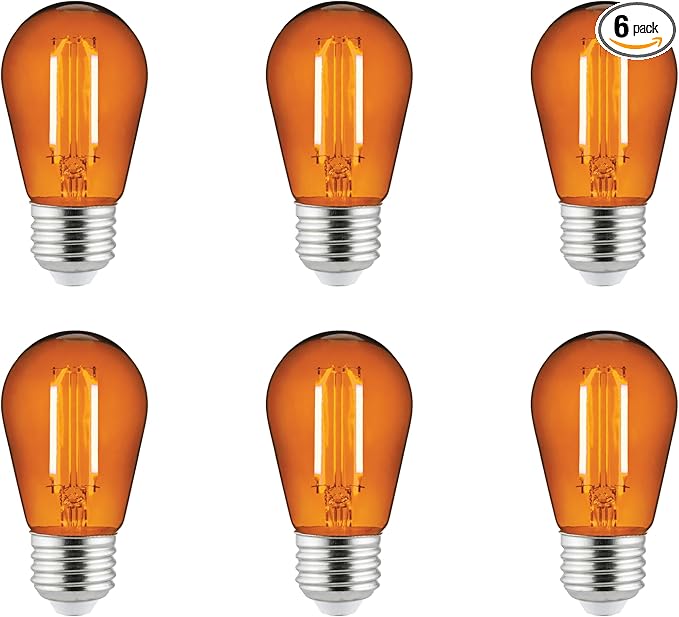 Sunlite LED S14 String Light Bulb, 2 Watts (25W Equivalent), Medium E26 Base, Party Decoration, Holiday Lighting, Transparent, Dimmable, UL Listed, Orange, 6 Count