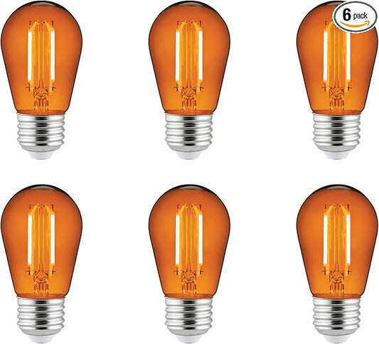 Sunlite LED S14 String Light Bulb, 2 Watts (25W Equivalent), Medium E26 Base, Party Decoration, Holiday Lighting, Transparent, Dimmable, UL Listed, Orange, 6 Count