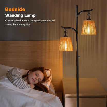 9MMML Rattan Floor Lamp for Living Room, Boho Floor Lamp with 2 Hanging Wicker Lamp Shade, 67'' Farmhouse Dimmable Black Standing Lamp with Rotary Switch for Bedroom, 2 x 800LM LED Bulbs Included