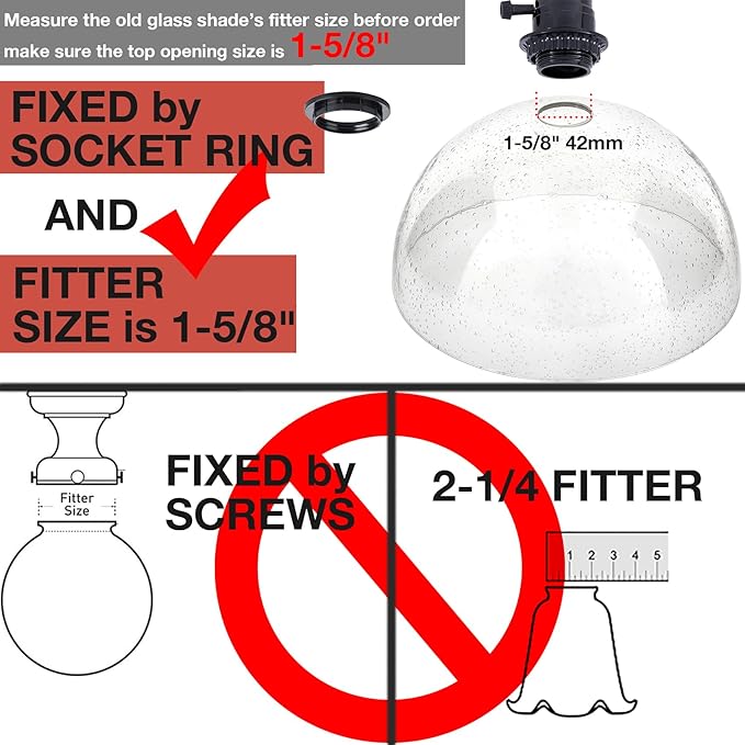 Bowl Glass Lamp Shade Replacement, 1-5/8 inch Fitter, 11.8" Diameter, 6.1" Height, Clear Seeded Bubble Effect Globe Cover