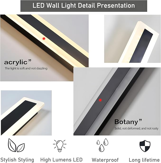 2Pack 59inch Long Outdoor Modern LED Wall Light,45W Waterproof IP65 Warm White 110V led Wall Mount Lighting Fixture Rectangular Black Wall Lights Elegant Frosted White Acrylic Anti Rust