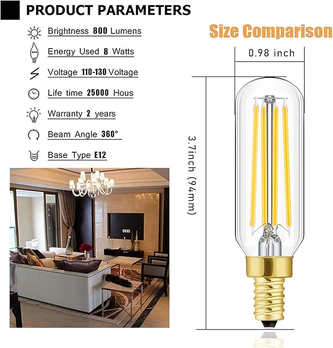 E12 LED Bulb,100 watt Equivalent Candelabra Dimmable Chandelier Light Bulbs 8W 2700K Warm White Clear 800lm T6 E12 LED Edison Filament Vintage Candle Bulb with Decorative,3.7inch,6-Pack