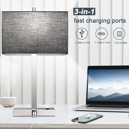 21" Touch Bedside lamps with 2 USB & AC Outlets, 3-Way Dimmable Bedside Table Lamps Set of 2 for Bedroom Living Room Office Reading, Black Shade Lamps for Night Stands, 5000K LED Bulbs Included