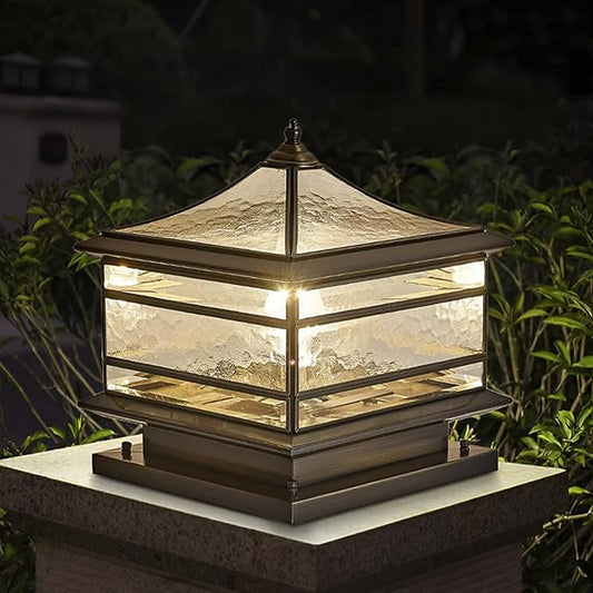 All Copper Steel Glass Outdoor Post lights, Waterproof Pillar Light, Vintage Patio Lawn Column Lamp,outdoor column lights,Deck Lights, Lantern Fence Lamp Fixture E26 Base (Wiring E26 Base, 12X12in)