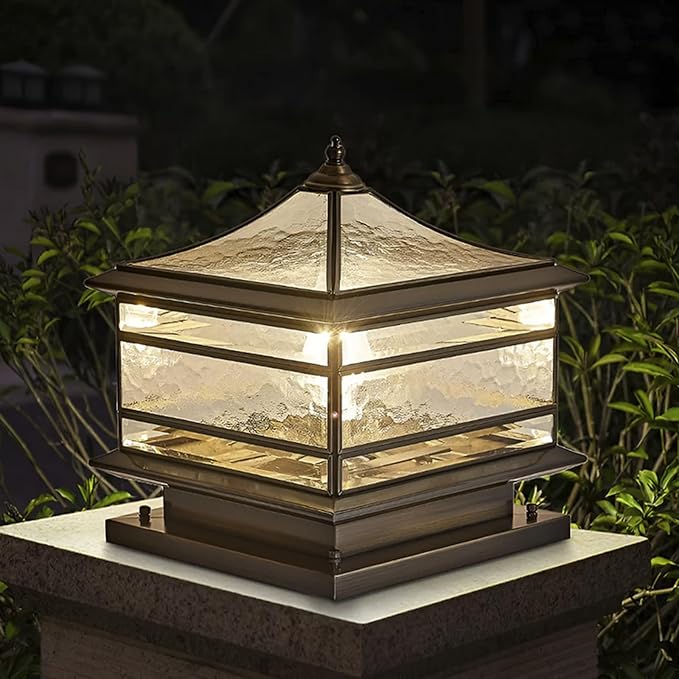 All Copper Steel Glass Outdoor Post lights, Waterproof Pillar Light, Vintage Patio Lawn Column Lamp,outdoor column lights,Deck Lights, Lantern Fence Lamp Fixture E26 Base (Wiring E26 Base, 10X10in)