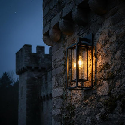 21" Outdoor Wall Light Fixtures Waterproofed Exterior Lantern W/Sturdy Rectangular Double Cage In Satin Black&Clear Tempered Glass,Sconce Mounted For House Patio,Front door,Porch,Garage Lighting 2Pack