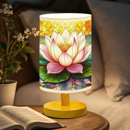 Lotus Table Lamp LED 3-Color Pressed Bedside, Lotus Shade Lamp with Wood Base for Bedroom Living Room Desk Office TL01