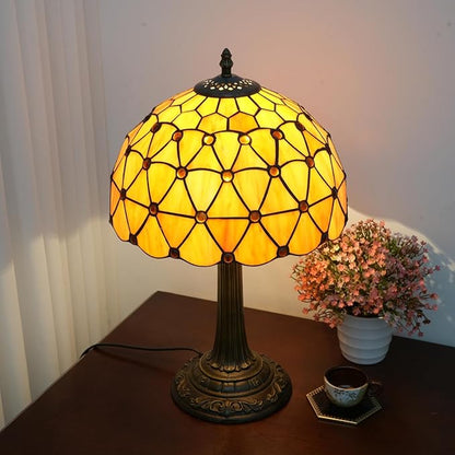 Tiffany Lamp Vintage Bead Orange Table Lamps Bedside for Bedroom Dector Stained Glass Lamps Living Room end Office Kitchen Hotel Bar Farmhouse 12 Inch Aesthetic Nightstand 70s 80s Reading Desk Light
