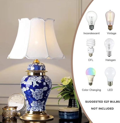 Vintage Blue Ceramic Table Lamp Blue and White Porcelain Table lamp with Metal Base 27.55" High Table Lamp with Fabric Shade for Bedroom Study Living Room Office