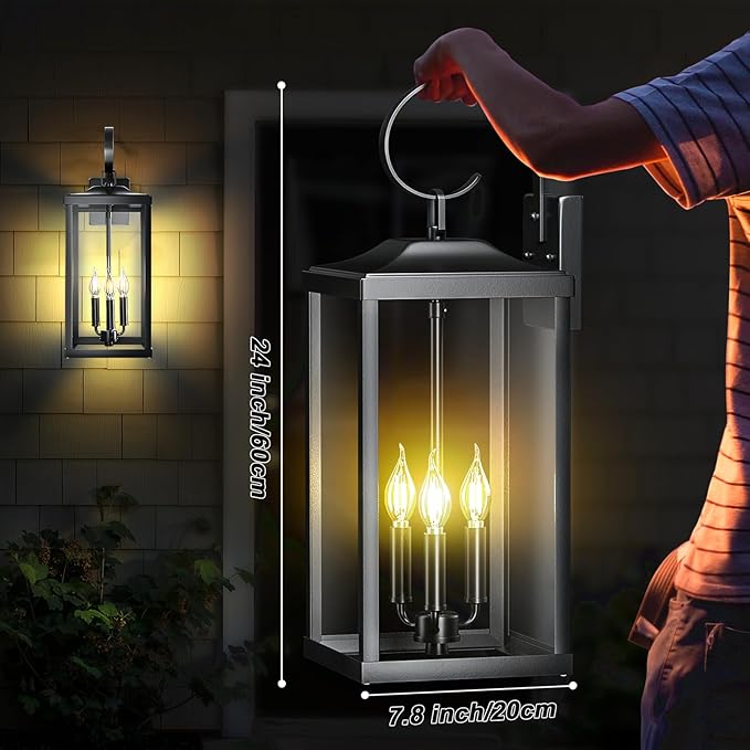 2 Packs 24" Extra Large Outside Wall Light Fixture 3-Light, Black Outdoor Porch Lantern Wall Mounted, Waterproof Modern Outside Wall Sconce Coach Lamp for House, E12