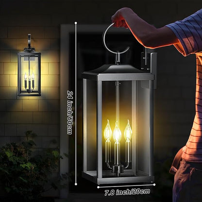 24" Extra Large Outdoor Wall Light for House, Black 3-Light Waterproof Exterior Porch Lamp Wall Mount, Modern Outside Wall Sconce Coach Light with Clear Glass, E12, 1-Pack