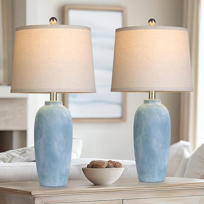 25“ Jar Table Lamps Set of 2, Ceramic Bedside Lamps for Bedroom, Beige Farmhouse Nightstand Lamps for Living Room