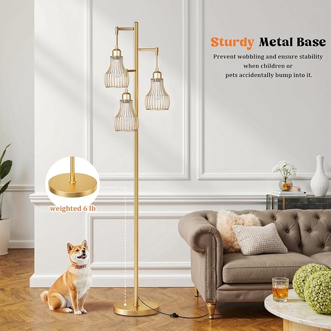 Dimmable Gold Floor Lamps for Living Room, Farmhouse Tree Standing Tall Lamp with Remote Control 3 Elegant Cage Shade LED Bulbs for Bedroom Office - Gold