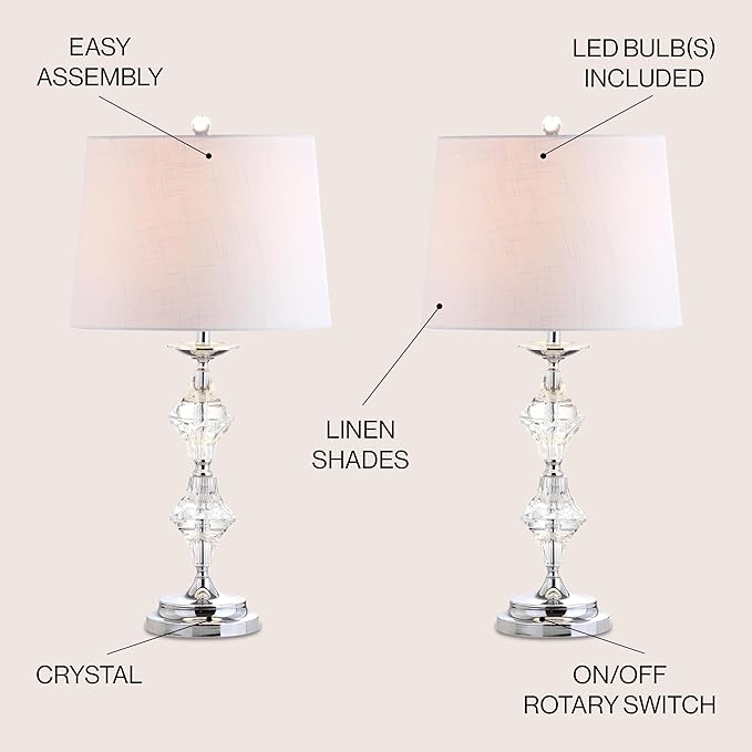 JONATHAN Y JYL2037A-SET2 27.5" Modern Glam Crystal Table Lamp Set of 2 for Bedroom Living Room, Traditional Stacked Crystal Bedside Nightstand Lamp with White Drum Shade, Clear/Chrome