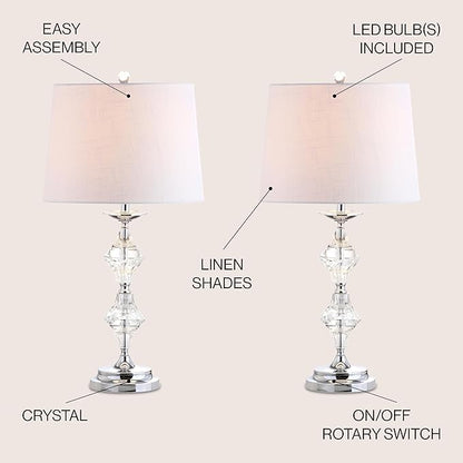 JONATHAN Y JYL2037A-SET2 27.5" Modern Glam Crystal Table Lamp Set of 2 for Bedroom Living Room, Traditional Stacked Crystal Bedside Nightstand Lamp with White Drum Shade, Clear/Chrome