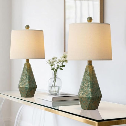 PoKat 20.25" Green Table Lamps Set of 2 for Night Stands, Vintage Bedside Lamps for Bedroom Living Room, Retro Bedroom Lamps for End Table, Suitable for Small Place, Green with Gold