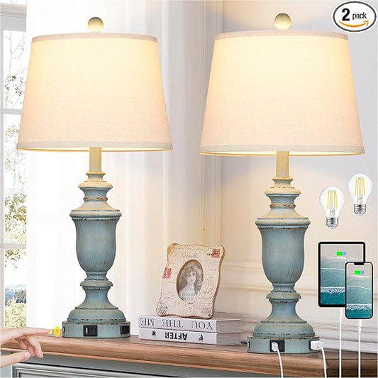 25.6" Blue Table Lamps Set of 2 with USB C+A Ports & AC Outlet for Coastal Living Room Bedroom,3-Way Dimmable Farmhouse Touch Lamp Bedside Lamps for Nightstand,Retro Blue