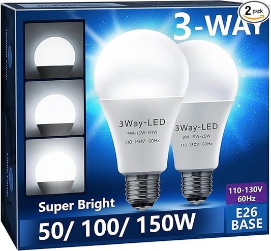 Briignite 3 Way LED Light Bulbs 50-100-150W Equivalent Daylight White 5000K, 3-Way A21 LED Light Bulb E26 Medium Base, 600LM-1250LM-1850LM, Perfect for Table Lamp, Floor Lamp, Desk Lamp, 2 Pack