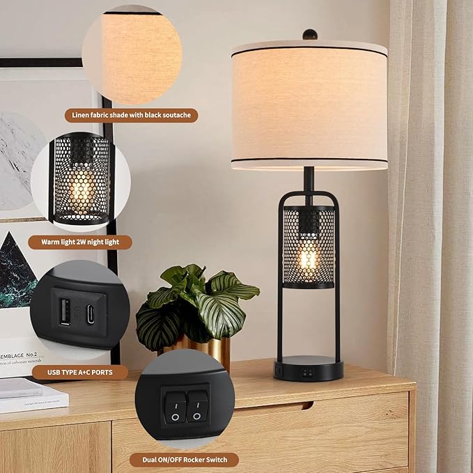 Lamps for Living Room Lamp Set 2 Bedroom Lamps Modern Metal Industrial Design Night Light with USB Port,Linen Lampshade,Bulb,Black