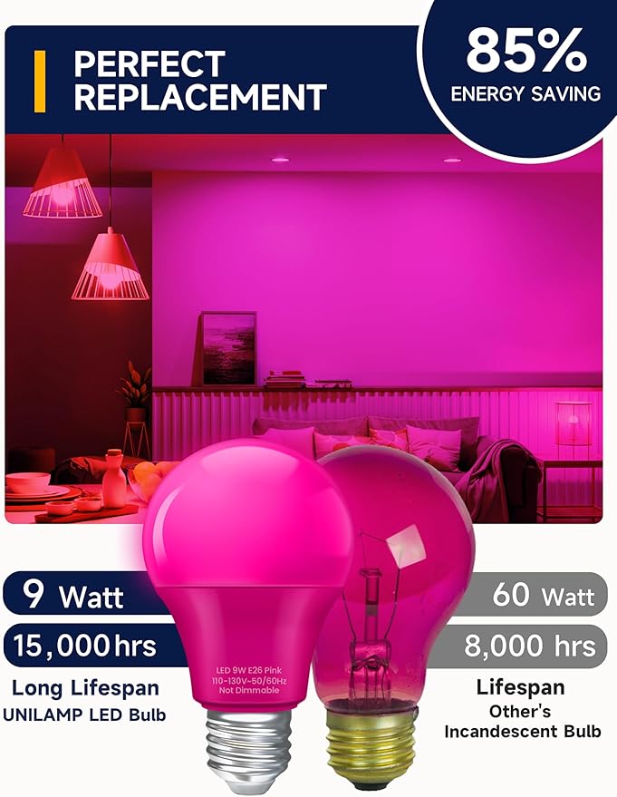 UNILAMP Pink Light Bulbs: A19 9W Colored Light Bulbs, 60 Watt Equivalent, Pink Light for Halloween Decoration, Christmas Decor, Holiday Party Lighting, Home Porch Lighting, 4 Pack