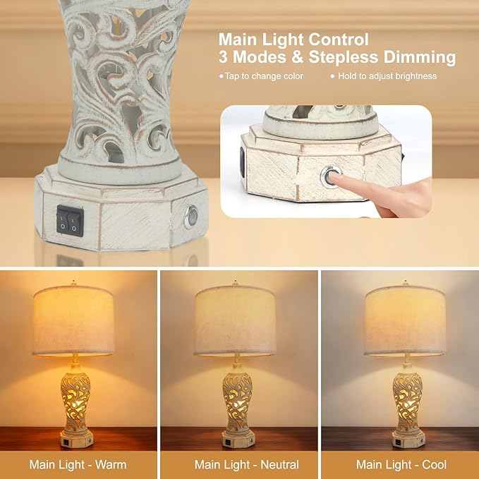 Bedside Lamps, Stepless Dimming, 3 Color Temperatures, Bedroom Lamps for Nightstand, Table Lamp with USB Port, Living Room Table Lamp, Farmhouse Lamps for Living Room(Bulbs Included)