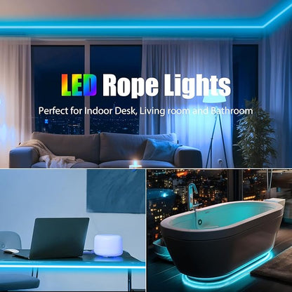 50FT RGB Neon Rope Lights with Remote,120V ETL Led Strip Lighting,Expandable Commercial Grade IP65 Waterproof Plug-in Led Rope Lights with Dimmable Power Adapter for Outdoor,Indoor Using