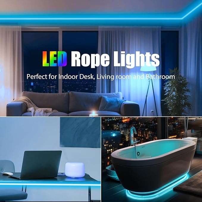 65.6ft RGB Neon Rope Light, Commerial Grade Waterproof RGB Neon Rope Lights with Remote, 110V 120V Plug-in Neon Strip Lights with Dimmable Power Adapter for Outdoor,Indoor Using