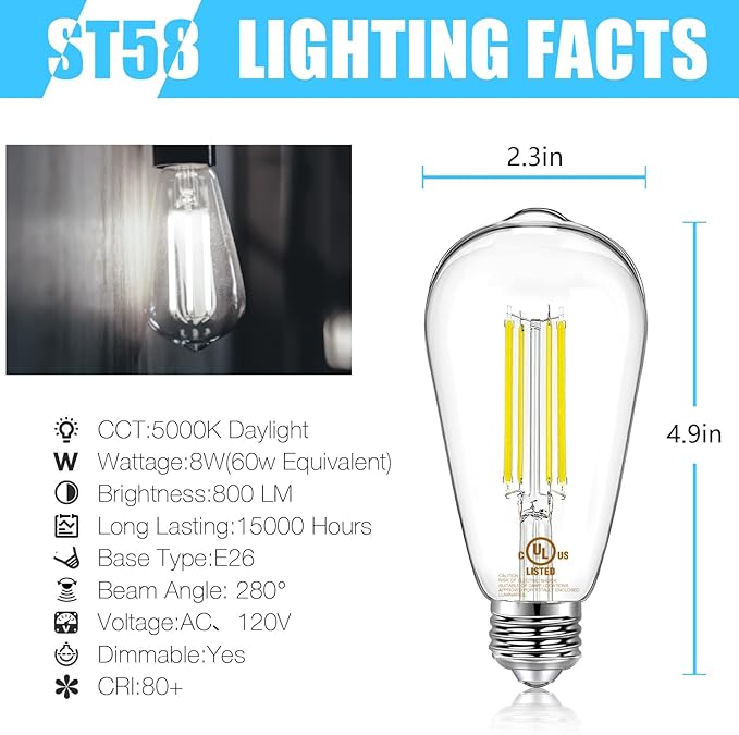 DAYBETTER 10 Pack LED Lights, Vintage LED Edison Bulbs 60 Watt Equivalent, ST58 Antique Filament Light Bulbs, E26 Dimmable Bulb with Natrue White 5000K, Brightness 8W, 800LM, Clear Glass
