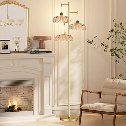 Floor Lamp for Living Room,Bedroom,Gold Mid Century Modern Standing Lamp Brass Tree 3 Light Tall Floor Lamps Vintage Retro Floor Lights Glass Flower Lamp Shade Farmhouse Boho Bohemian