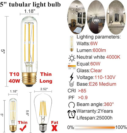 LiteHistory Tubular Light Bulb 6W Equal E26 LED Bulb 60 Watt dimmable Neutral White 4000K E26 Edison Bulb AC120V 600lm T9 T10 LED Bulb for Rustic Pendant,Island,Chandeliers,Wall sconces Pack of 6