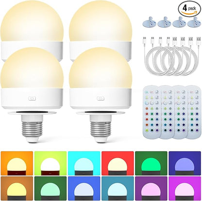 Rechargeable Battery Operated Light Bulb: E26 Wireless LED Night Light with Remote Control and Timer for Lamp, 3000mAh Dimmable Magnetic Puck Lights, 3 Color Temperatures+12 RGB Colors, Outdoor, 4pcs