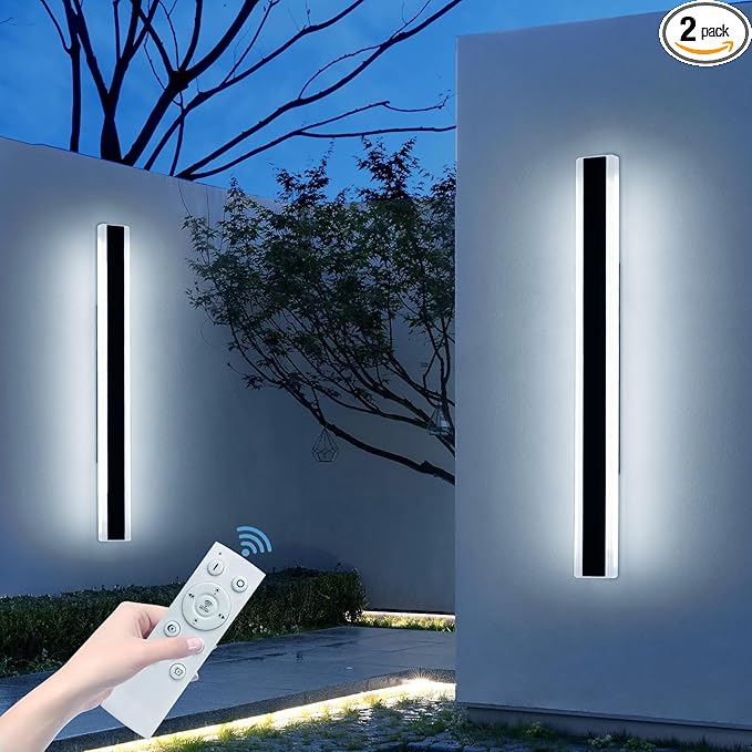 2 Pack Long Outdoor Wall Sconce, 47.2inch Modern Exterior Light Fixture, IP65 Waterproof, 3000K-6000K Dimmable with Remote Control, Linear Wall Mount Lighting for Patio, Garden, Garage